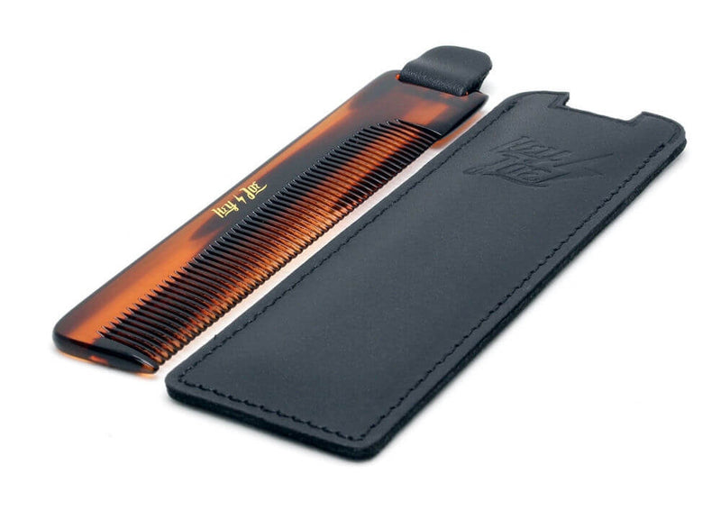 Hey Joe Deluxe hřeben 12,3 cm v černém koženém pouzdře s raženým logem